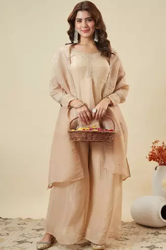 Beige embroidered crunchy silk kurti with plazzo and duppata set