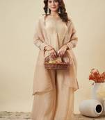 Beige embroidered crunchy silk kurti with plazzo and duppata set