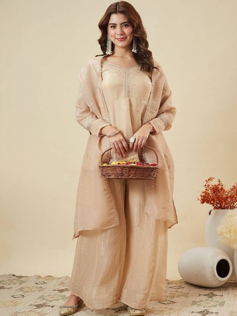 Beige embroidered crunchy silk kurti with plazzo and duppata set