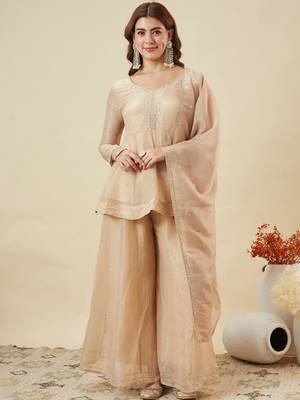 Beige embroidered crunchy silk kurti with plazzo and duppata set 2