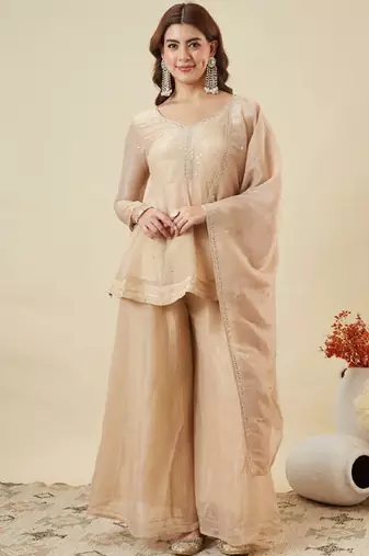 Beige embroidered crunchy silk kurti with plazzo and duppata set