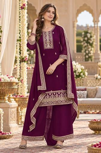 Purple faux georgette semi stitched suit with embroidery & sequence work