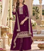 Purple faux georgette semi stitched suit with embroidery & sequence work