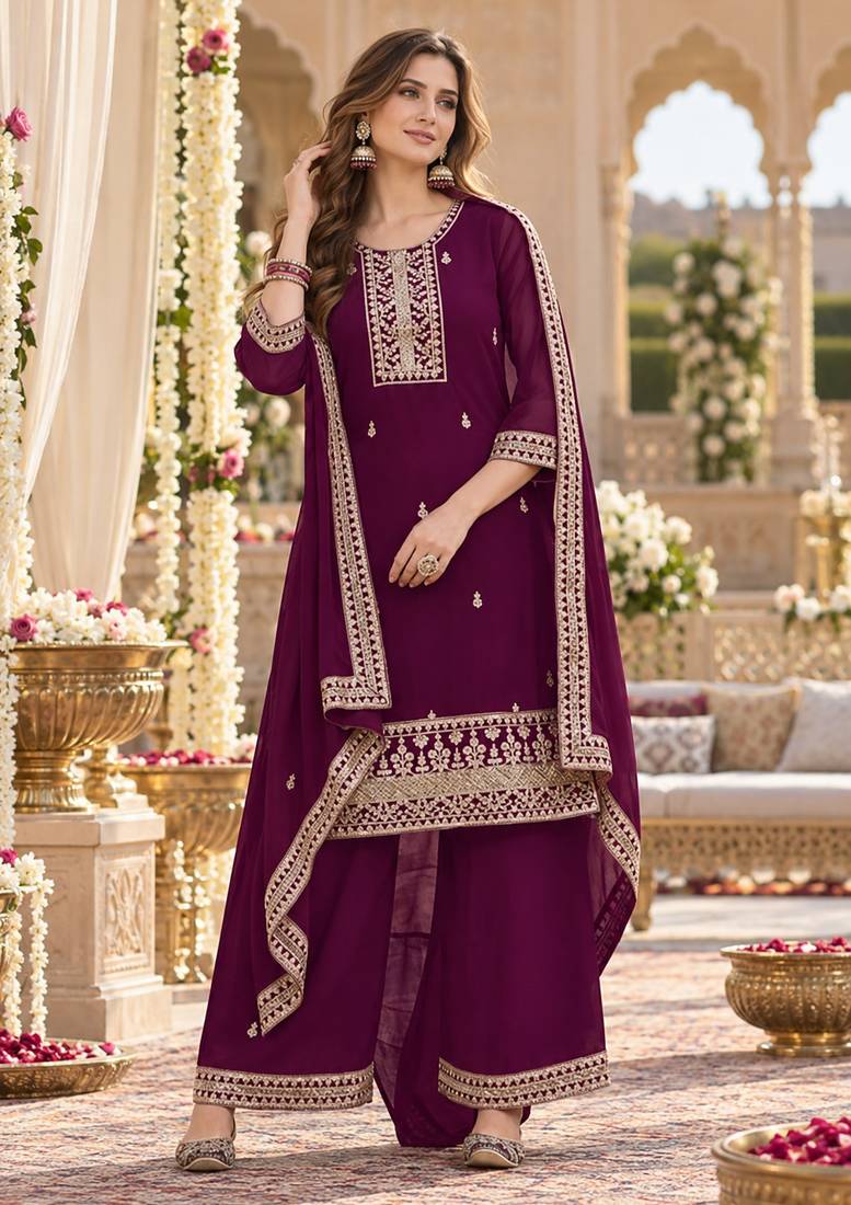 Purple faux georgette semi stitched suit with embroidery & sequence work