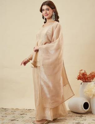 Beige embroidered crunchy silk kurti with plazzo and duppata set 3