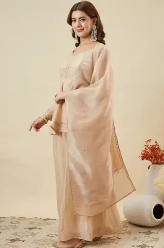 Beige embroidered crunchy silk kurti with plazzo and duppata set