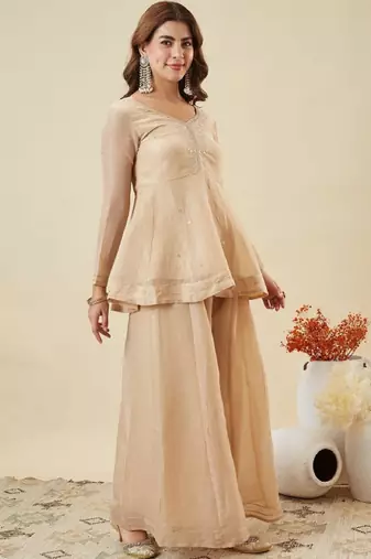 Beige embroidered crunchy silk kurti with plazzo and duppata set