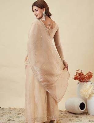 Beige embroidered crunchy silk kurti with plazzo and duppata set 5