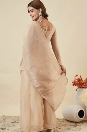 Beige embroidered crunchy silk kurti with plazzo and duppata set