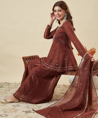 Brown embroidered crunchy silk kurti with plazzo and duppata set 1