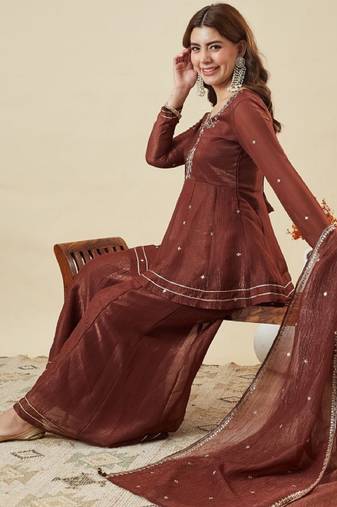 Brown embroidered crunchy silk kurti with plazzo and duppata set