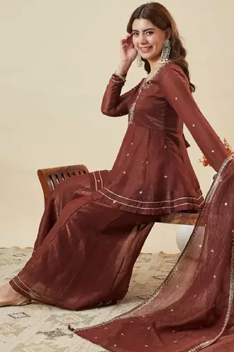 Brown embroidered crunchy silk kurti with plazzo and duppata set