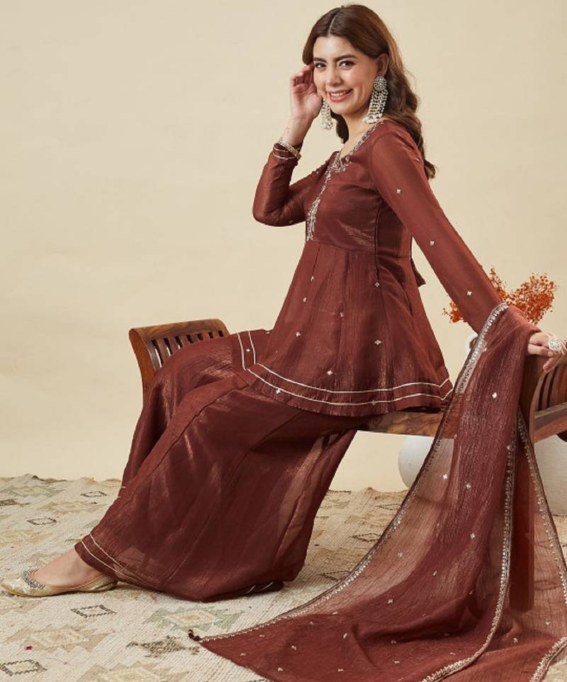 Brown embroidered crunchy silk kurti with plazzo and duppata set