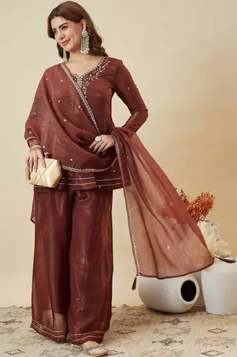 Brown embroidered crunchy silk kurti with plazzo and duppata set