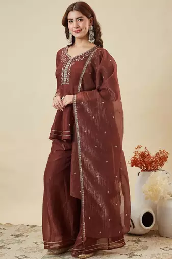 Brown embroidered crunchy silk kurti with plazzo and duppata set