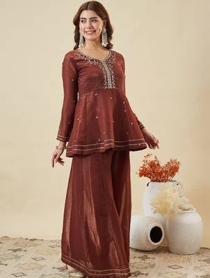 Brown embroidered crunchy silk kurti with plazzo and duppata set 4