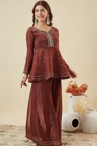 Brown embroidered crunchy silk kurti with plazzo and duppata set