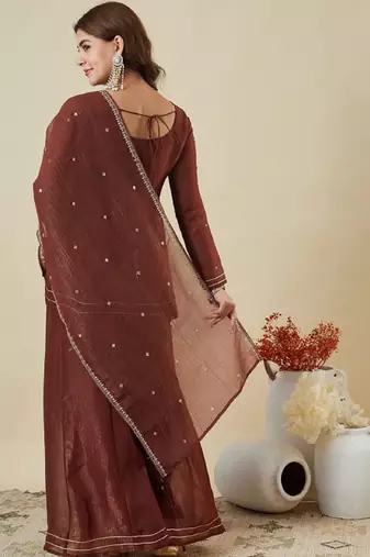 Brown embroidered crunchy silk kurti with plazzo and duppata set