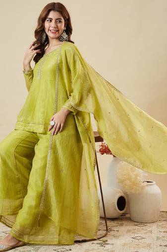 Green embroidered crunchy silk kurti with plazzo and duppata set