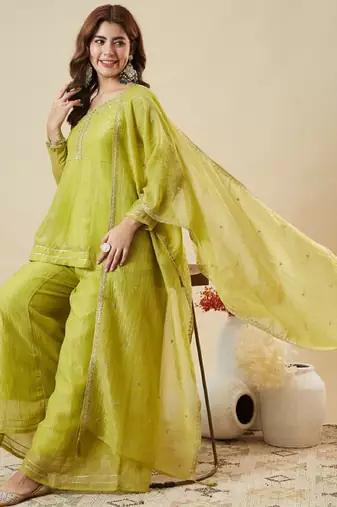 Green embroidered crunchy silk kurti with plazzo and duppata set