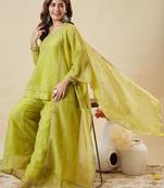 Green embroidered crunchy silk kurti with plazzo and duppata set