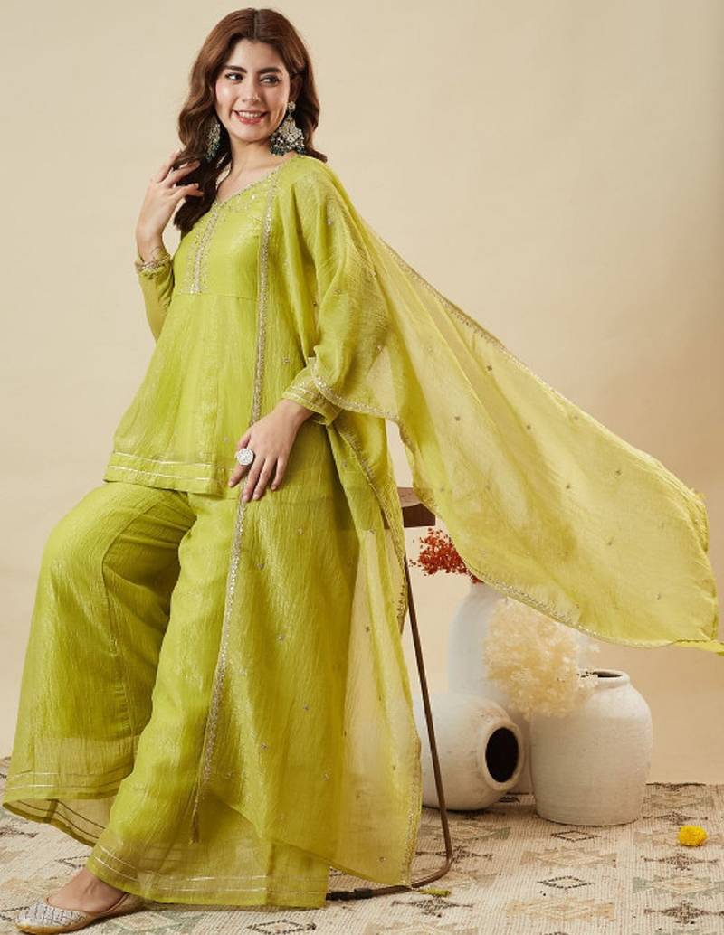 Green embroidered crunchy silk kurti with plazzo and duppata set