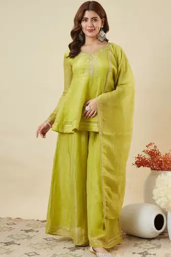Green embroidered crunchy silk kurti with plazzo and duppata set