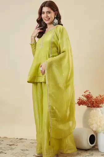 Green embroidered crunchy silk kurti with plazzo and duppata set