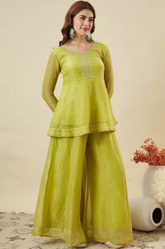Green embroidered crunchy silk kurti with plazzo and duppata set
