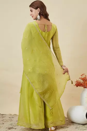Green embroidered crunchy silk kurti with plazzo and duppata set
