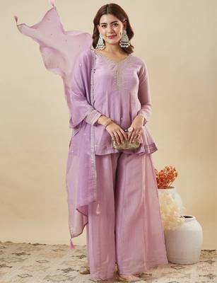 Purple embroidered crunchy silk kurti with plazzo and duppata set 1