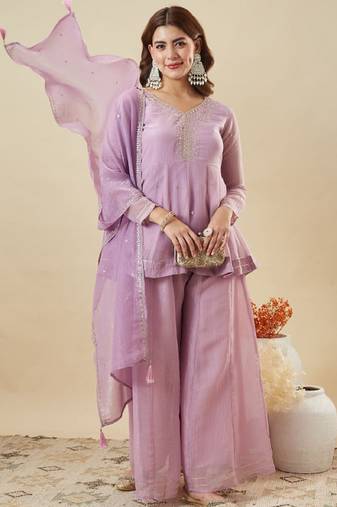 Purple embroidered crunchy silk kurti with plazzo and duppata set