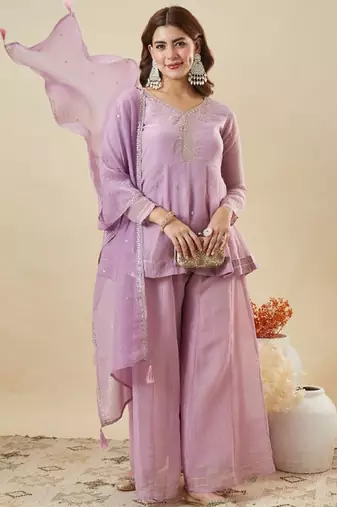 Purple embroidered crunchy silk kurti with plazzo and duppata set