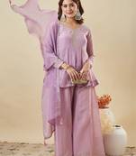 Purple embroidered crunchy silk kurti with plazzo and duppata set