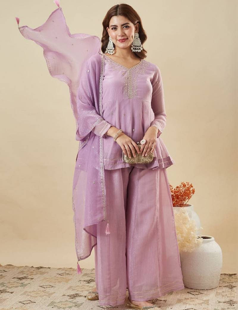 Purple embroidered crunchy silk kurti with plazzo and duppata set