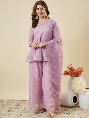 Purple embroidered crunchy silk kurti with plazzo and duppata set 2