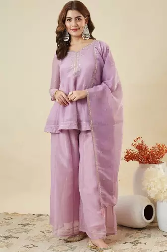 Purple embroidered crunchy silk kurti with plazzo and duppata set