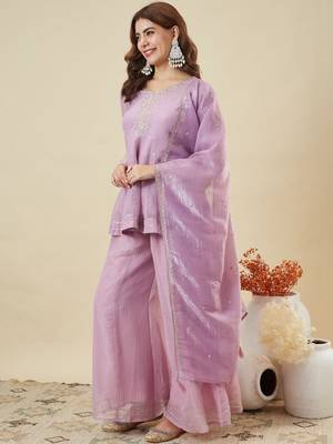 Purple embroidered crunchy silk kurti with plazzo and duppata set 3