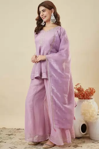 Purple embroidered crunchy silk kurti with plazzo and duppata set