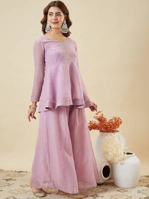 Purple embroidered crunchy silk kurti with plazzo and duppata set 4