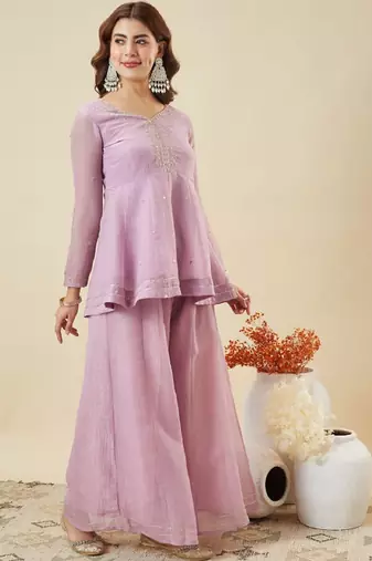 Purple embroidered crunchy silk kurti with plazzo and duppata set