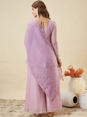 Purple embroidered crunchy silk kurti with plazzo and duppata set 5