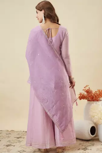 Purple embroidered crunchy silk kurti with plazzo and duppata set