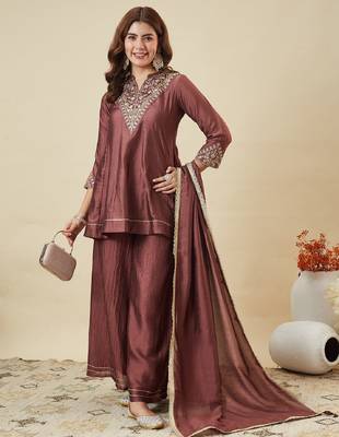 Brown embroidered vichitra silk kurti with plazzo and duppata set 1