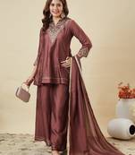Brown embroidered vichitra silk kurti with plazzo and duppata set