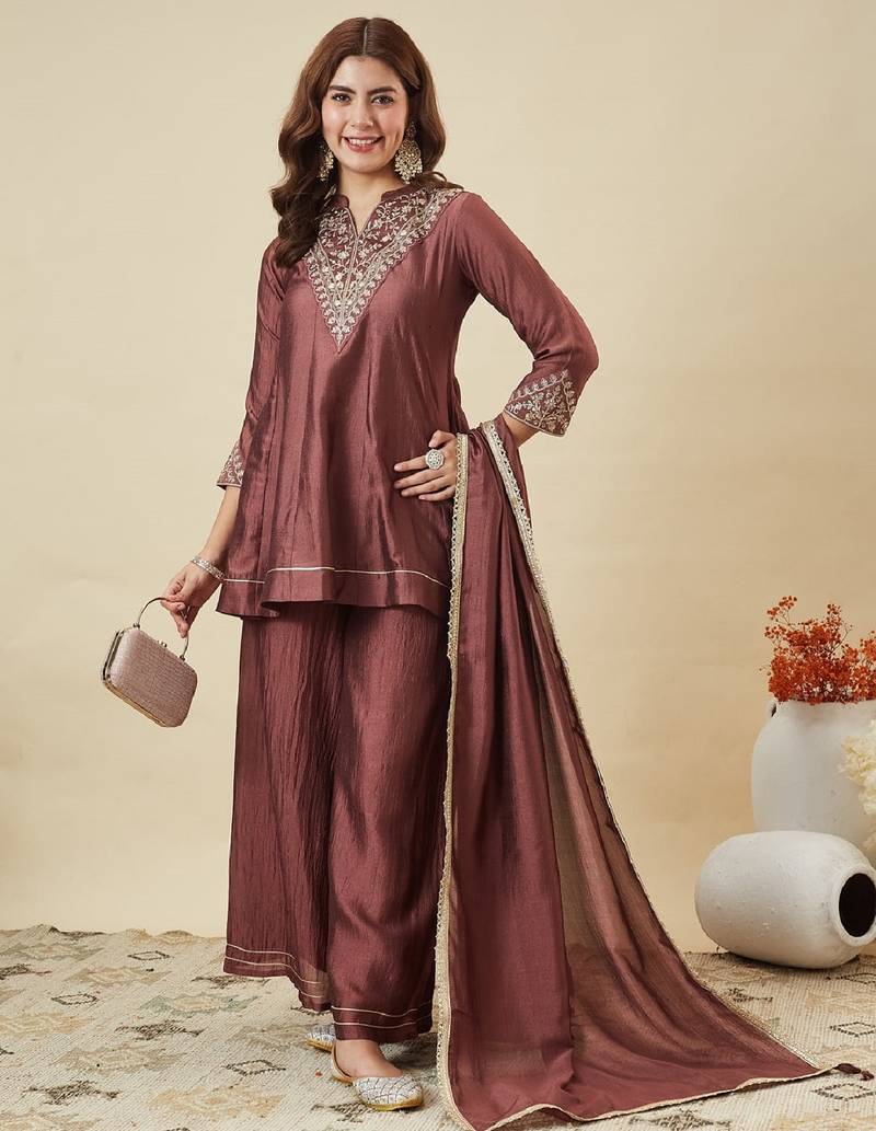 Brown embroidered vichitra silk kurti with plazzo and duppata set