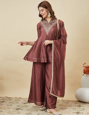Brown embroidered vichitra silk kurti with plazzo and duppata set 2