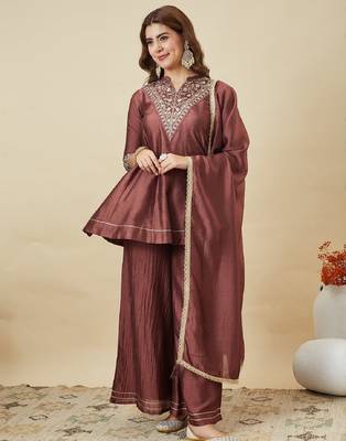 Brown embroidered vichitra silk kurti with plazzo and duppata set 3