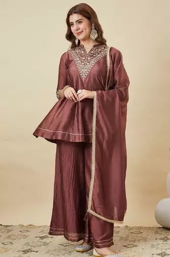 Brown embroidered vichitra silk kurti with plazzo and duppata set