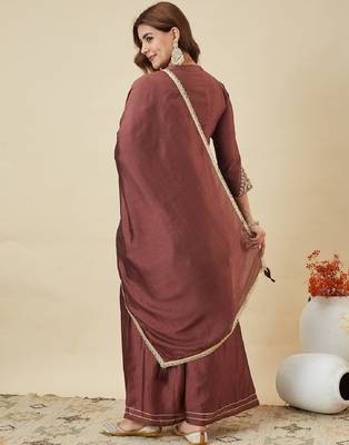 Brown embroidered vichitra silk kurti with plazzo and duppata set 4